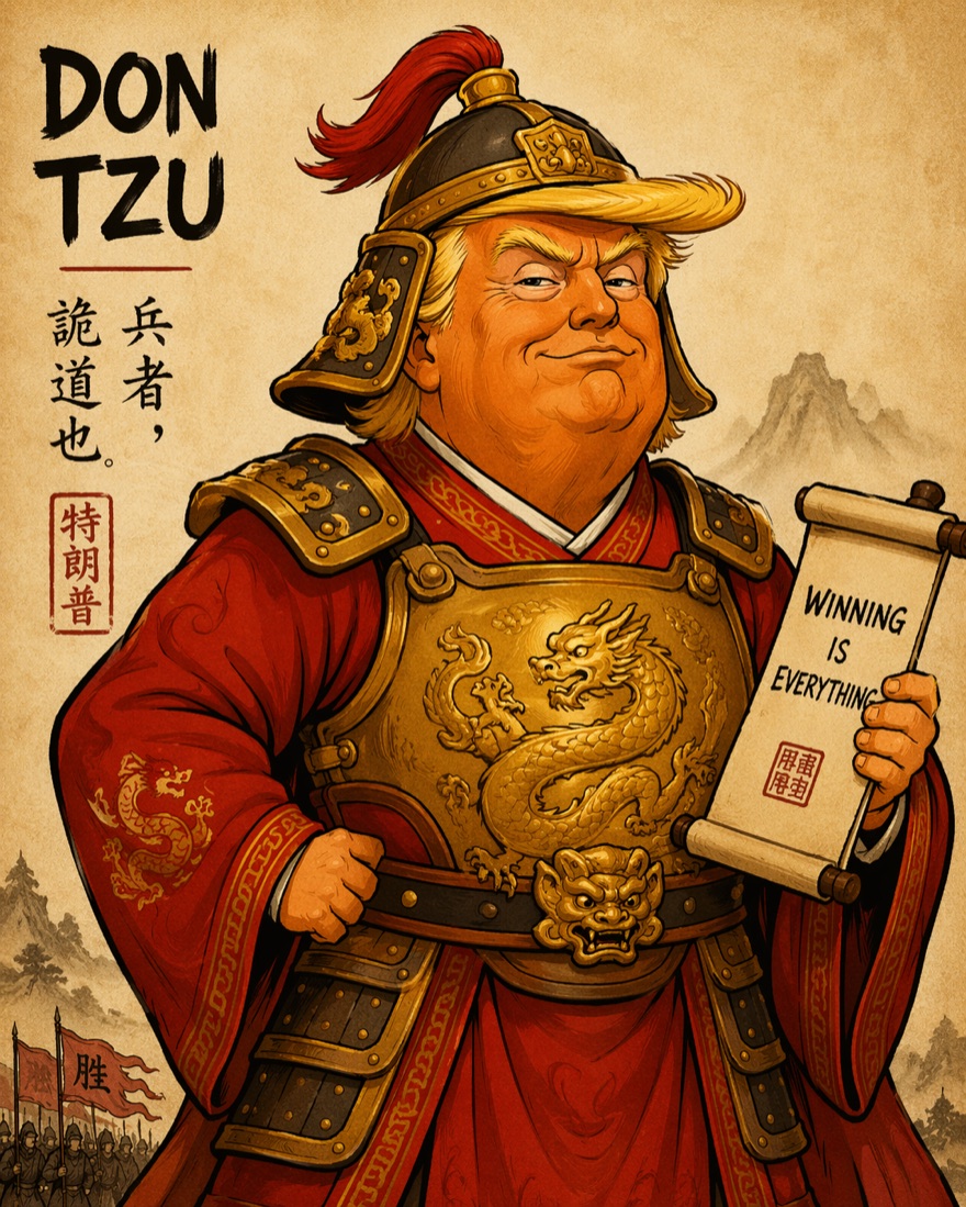 Don Tzu — a tremendous general in golden armor, holding a mighty scroll